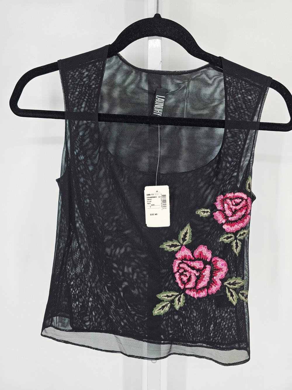 Vtg Y2K Laundry By Shelli Segal Womens Sz 4 Mesh Blouse Black Tank Floral NEW